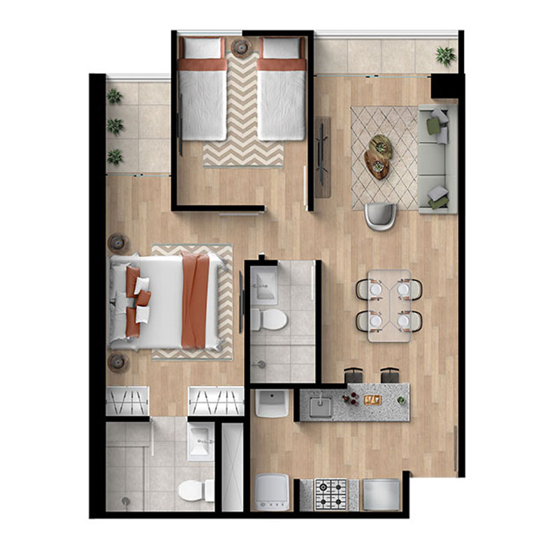 Plano Departamento 2 dorm + 2 baños 