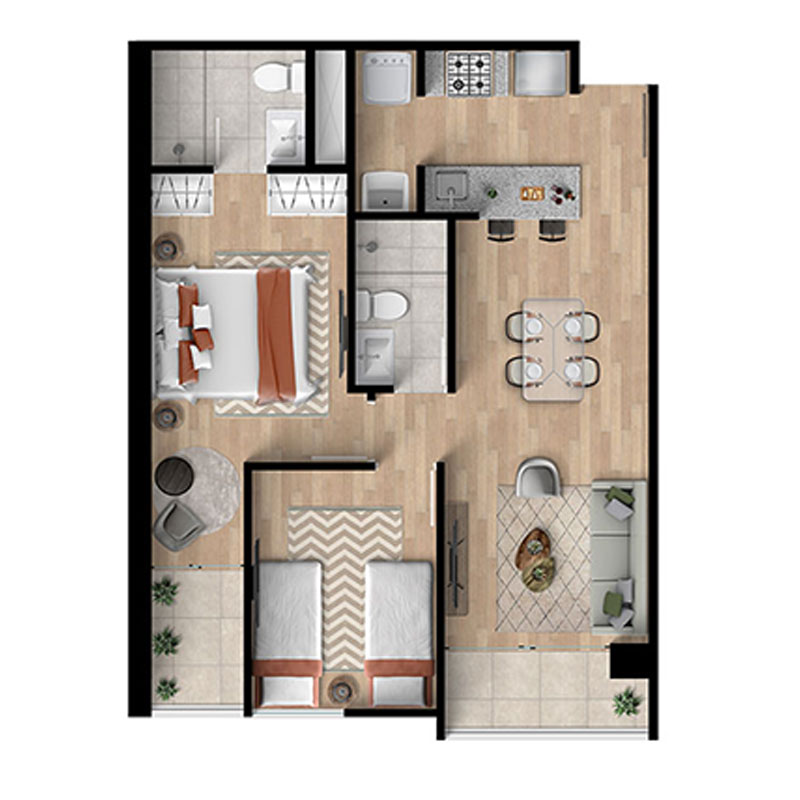 Plano Departamento 2 dorm + 2 baños 
