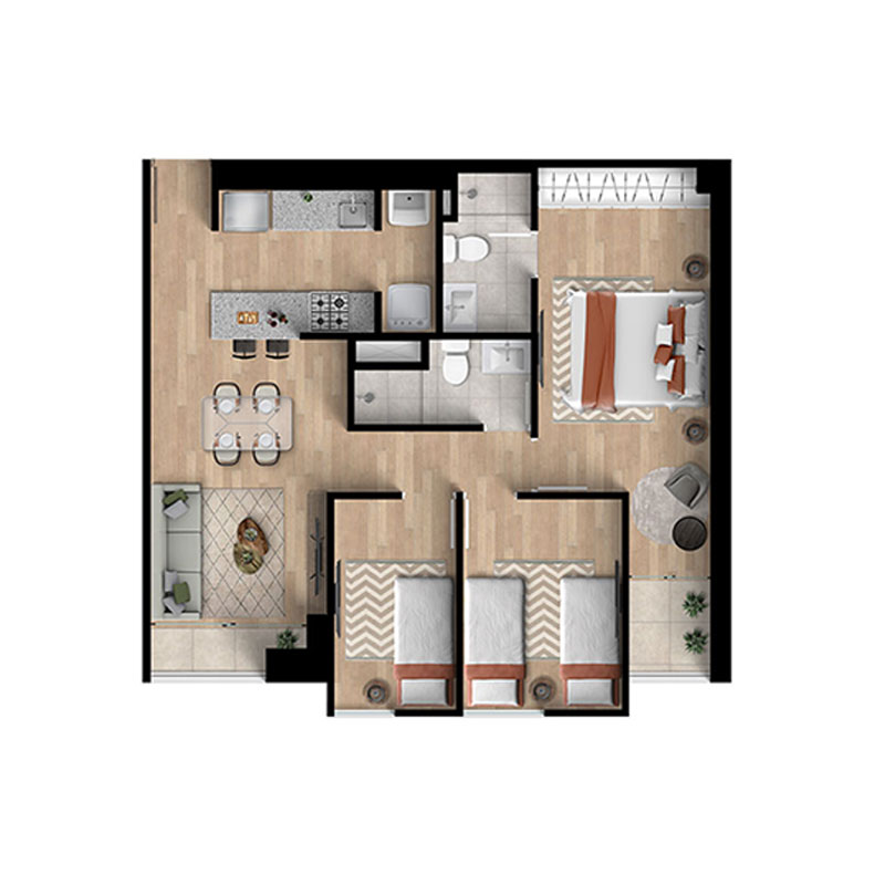 Plano Departamento 3 dorm + 2 baños 