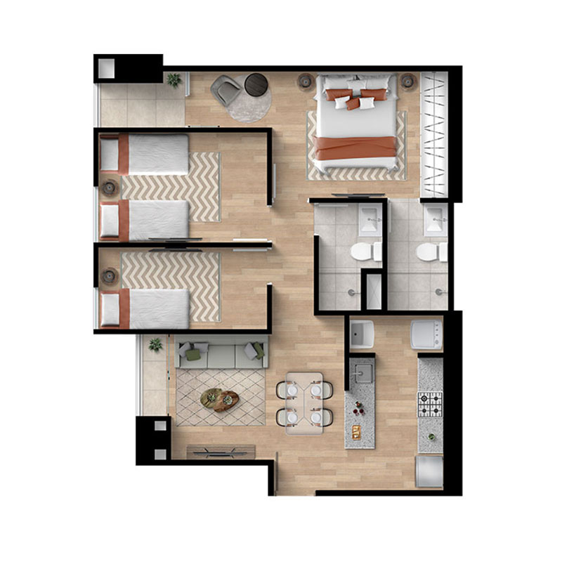 Plano Departamento 3 dorm + 2 baños 