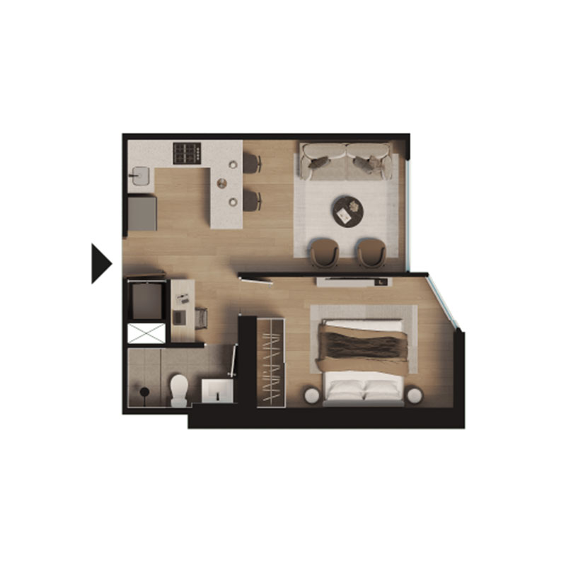 Plano Departamento 1 dorm + 1 baño 