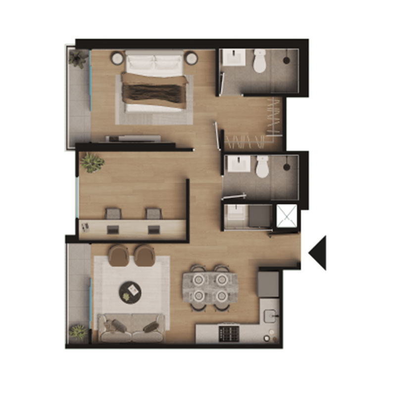 Plano Departamento 2 dorm + 1 baño 