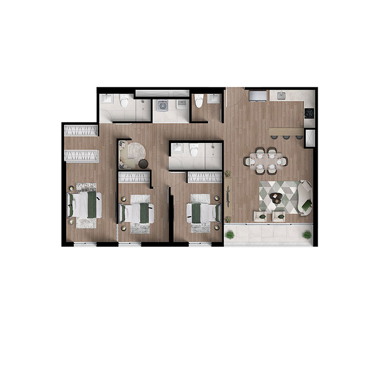 Plano Departamento 3 dorm + 2 baños