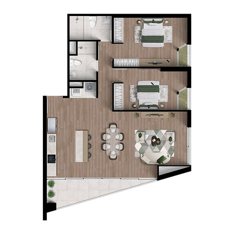 Plano Departamento 2 dorm + 2 baños